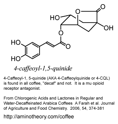 4-Caffeoyl-1, 5-quinide (AKA 4-Caffeoylquinide or 4-CQL) is a mu opioid receptor and is found in all coffee, decaf and not